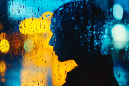 Silhouette behind a rain streaked window abstract blues and yellows revealing a man s face
