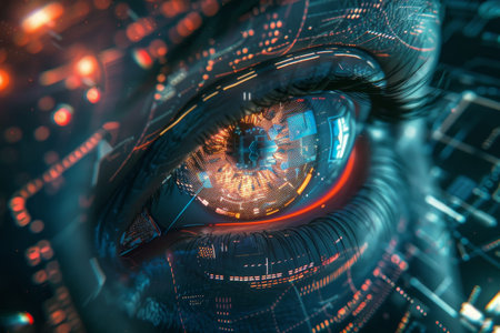 Futuristic cybernetic vision ai robot eye hacking in digital tech environment on display