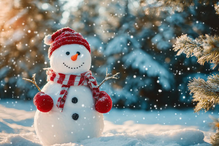 Charming snowman smiling in snow surrounded by spruce trees a festive Christmas character in redの写真素材