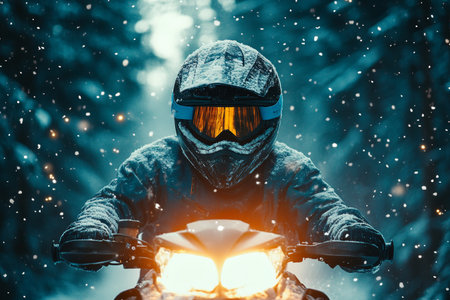 A man wearing a helmet riding a snowmobile through a snow covered forest landscapeの写真素材