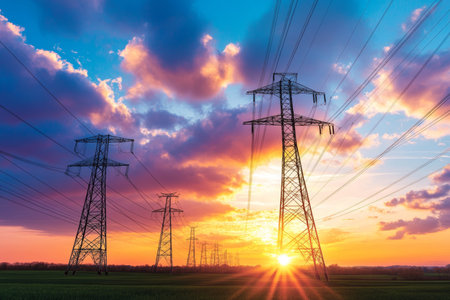 Stunning sunset over electric grid towers and wires amidst lush fields and dramatic clouds