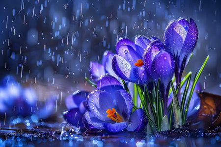 Vibrant blue crocuses in water droplets on raindrop tracks, a stunning display of spring flowersの写真素材