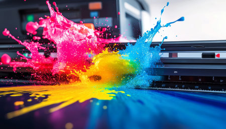 Vibrant office printer with color splashes for premium quality printing services and copy space