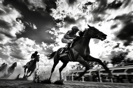 Exciting moment in horse racing as competitors race towards the finish line for victoryの写真素材