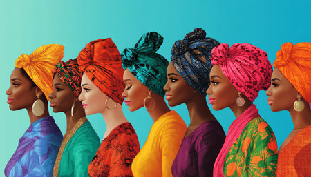 Colorful illustration of diverse women showing unique headwrap styles and cultural identityの写真素材