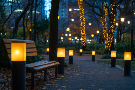 Tranquil city park at dusk with softly lit benches and glowing lanterns for evening relaxation