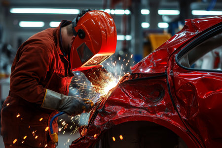 Skilled technician repairs red car body post accident with professional equipment on bright backdrop