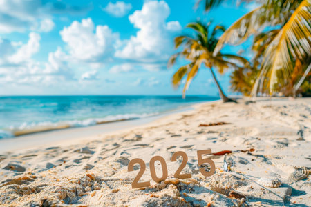 2025 sign on tropical beach new year concept for planning, career path, and business strategyの写真素材