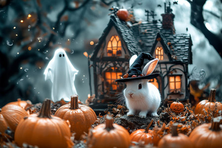 A whimsical halloween scene with a witch hat rabbit surrounded by pumpkins and a spooky houseの写真素材