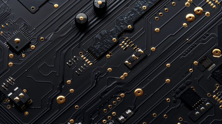 Close up of black circuit board with gold connectors, tech concept horizontal banner design