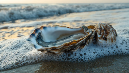 Stunning photography of an elegant oyster presented as exquisite jewelry on a serene beach setting