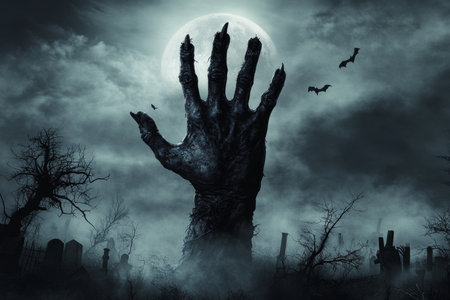 Zombie hand emerges under gloomy moon amidst graveyards and fog perfect for horror themed wallpaperの写真素材