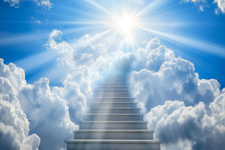 Heavenly stairs ascending through clouds a symbol of hope and life beyond for departed soulsの写真素材