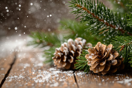 Christmas fir tree against a rustic wooden backdrop with delicate snowflakes falling
