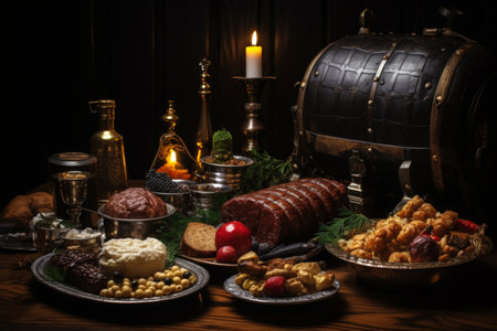 Medieval still life with fruits, vegetables, and meats in ancient knightly styleの写真素材