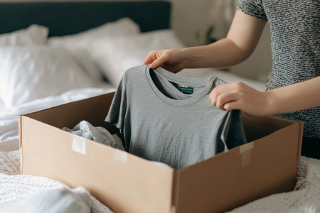 Close up of young woman donating clothes t shirt placed in cardboard box in modern bedroomの写真素材