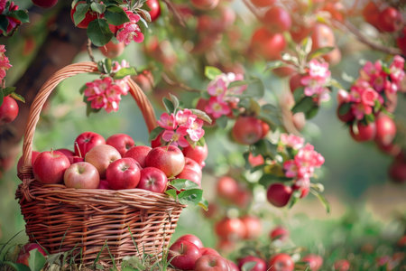 Vibrant apple orchard in full bloom with fresh rosy apples in basket classic harvest sceneの写真素材