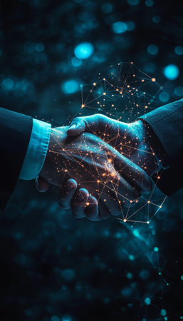 Businessmen shaking hands on dark background with glowing digital elements for technology conceptの写真素材