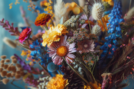 Detailed high quality capture of a beautiful dried flower bouquet in a detailed photographの写真素材