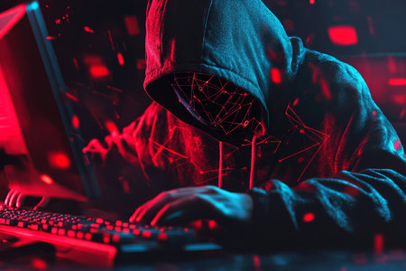 Masked criminals in black hoods using computers for cyber hacking and data security threatsの写真素材