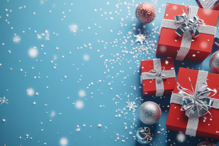 3d rendering of red gift boxes with silver decorations and snowflakes on blue background