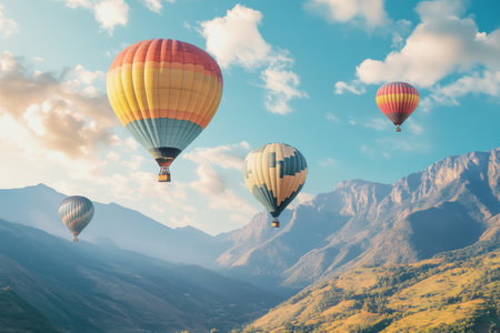 Colorful hot air balloons soaring over majestic mountains in a stunning natural landscapeの写真素材