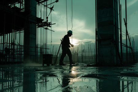 Construction worker pouring concrete with engineer supervising at building site