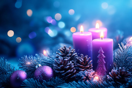 Festive christmas scene purple candles and glowing lights on an abstract blue background