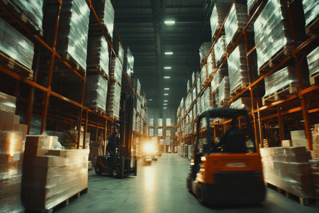 Dynamic warehouse scene with blurred workers and forklifts in a fast paced industrial settingの写真素材