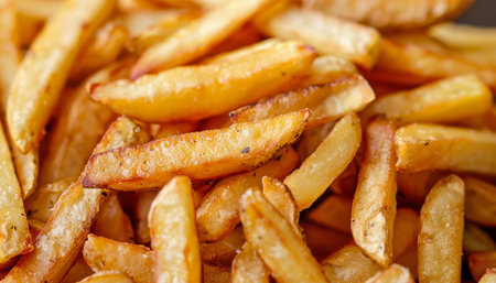 Close up of perfectly crispy deep fried French fries with an enticing golden brown texture