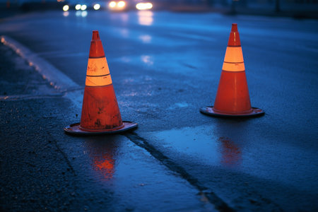 Roadwork ahead construction cones indicating work zone for safety and traffic management