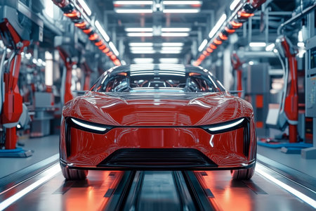 Futuristic robotic assembly line efficiently producing sleek electric cars in a high tech factory