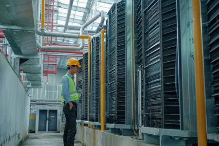 Hvac engineer inspecting water cooling tower chiller in industrial building for air system control