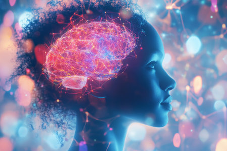 Vibrant human profile illustration featuring a striking brain and glowing connections of creativityの写真素材