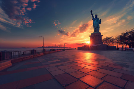Iconic statue of liberty at sunset in new york city, usa with manhattan skyline in the background