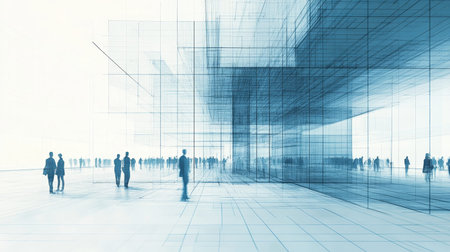 Abstract architectural blueprint with modern office tower and people on a perspective grid overlay