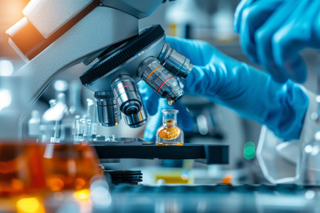 Scientist examining samples with microscope in medical lab for healthcare research