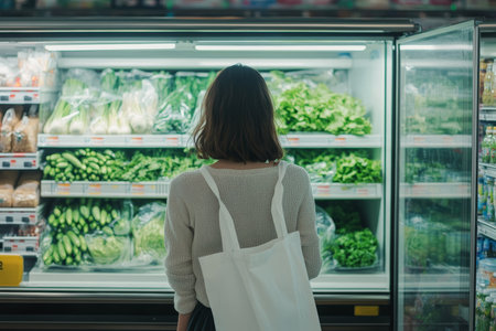 Woman shopping for groceries with reusable tote bag filled with green vegetables by fridgeの写真素材
