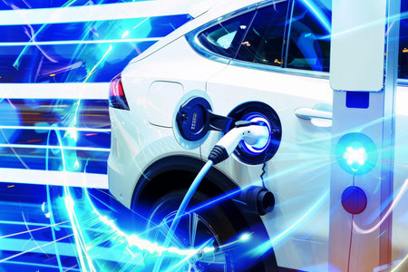 Abstract digital art of ev charging with blue energy waves, white car on vibrant background