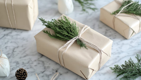 Elegant gifts wrapped in brown paper with twine and greenery on a marble tabletop display