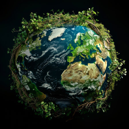 Earth globe adorned with lush greenery, signifying environmental harmony and conservationの写真素材