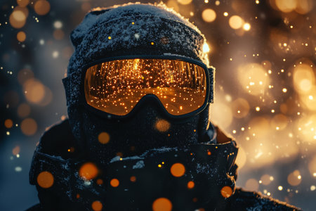 Close up of adventurer in winter gear with reflective goggles and golden bokeh lights backgroundの写真素材