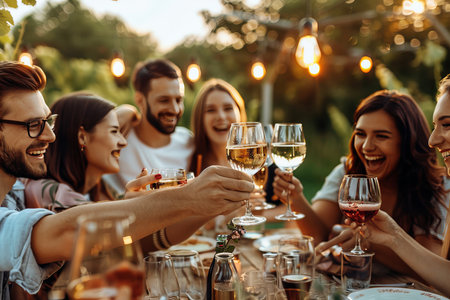 Friends toasting wine at outdoor vineyard dinner party, enjoying joyful gathering in garden settingの写真素材