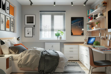 Modern stylish teenagers room interior with study area, reading nook, and cozy bedの写真素材
