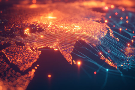 Digital world map showcasing global network connections with glowing lines and data flow nodesの写真素材