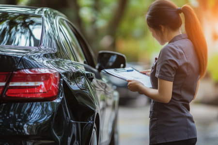 Insurance agent evaluating vehicle damage during accident claim assessment processのeditorial素材