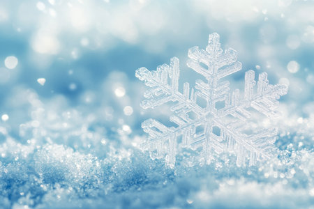Charming winter scene with crystal clear snowflake on a light blue gradient backgroundの写真素材