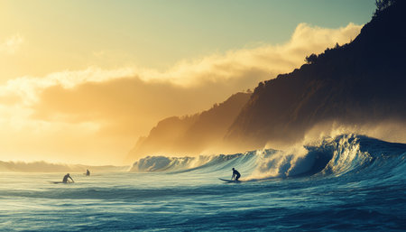 Captivating surfing scene surfers riding perfect waves in a vibrant ocean settingの写真素材
