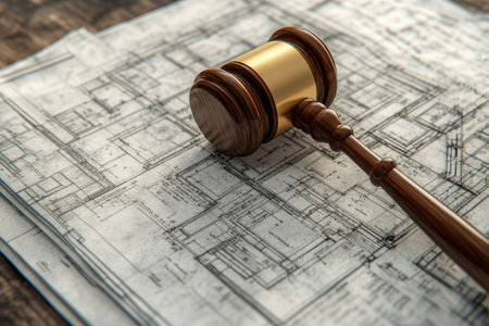 Judge s gavel and legal book on construction blueprint representing labor law in 3d illustrationの写真素材