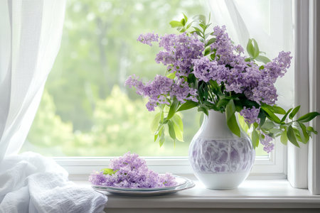 A charming still life a vase of purple flowers and matching blooms on a sunlit windowsillの写真素材